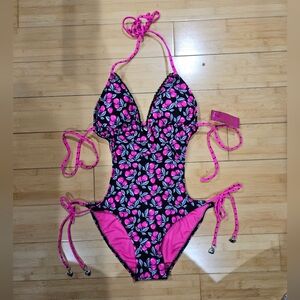 Candie's Juniors Swimsuit String Tie Monokini Bikini Black Hot Pink Cherries M